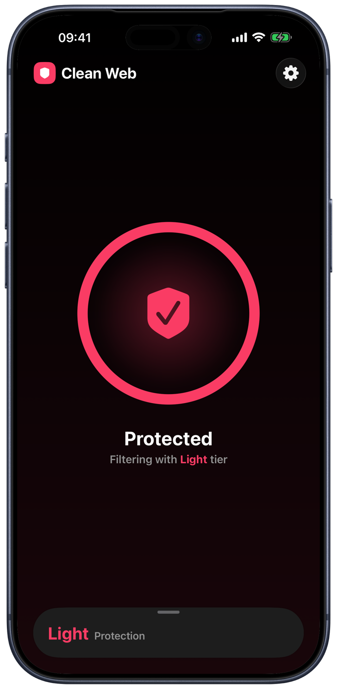 Clean Web showing a Protected status on iPhone, filtering with the Light tier